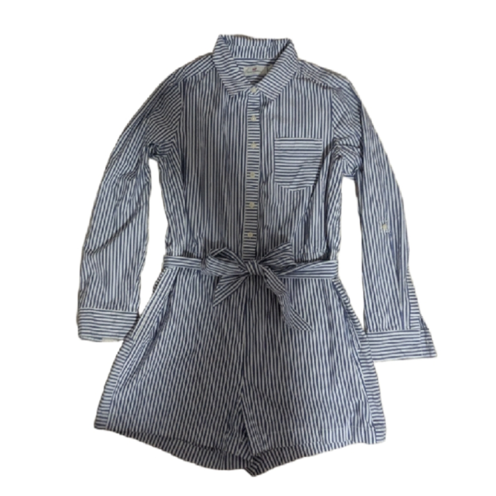 Vineyard Vines Womens Sarah Blue White Striped Romper Size 10 Tie Belt-1
